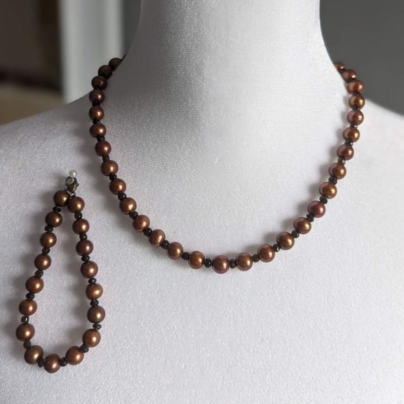 Brown Pearl Necklace and Bracelet Set - Picture 1 of 3